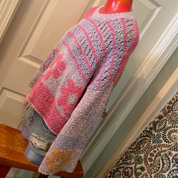 Moon & Madison Artistic Floral Kawaii Cute Purple, Pink, & Orange Sweater - Picture 5 of 14